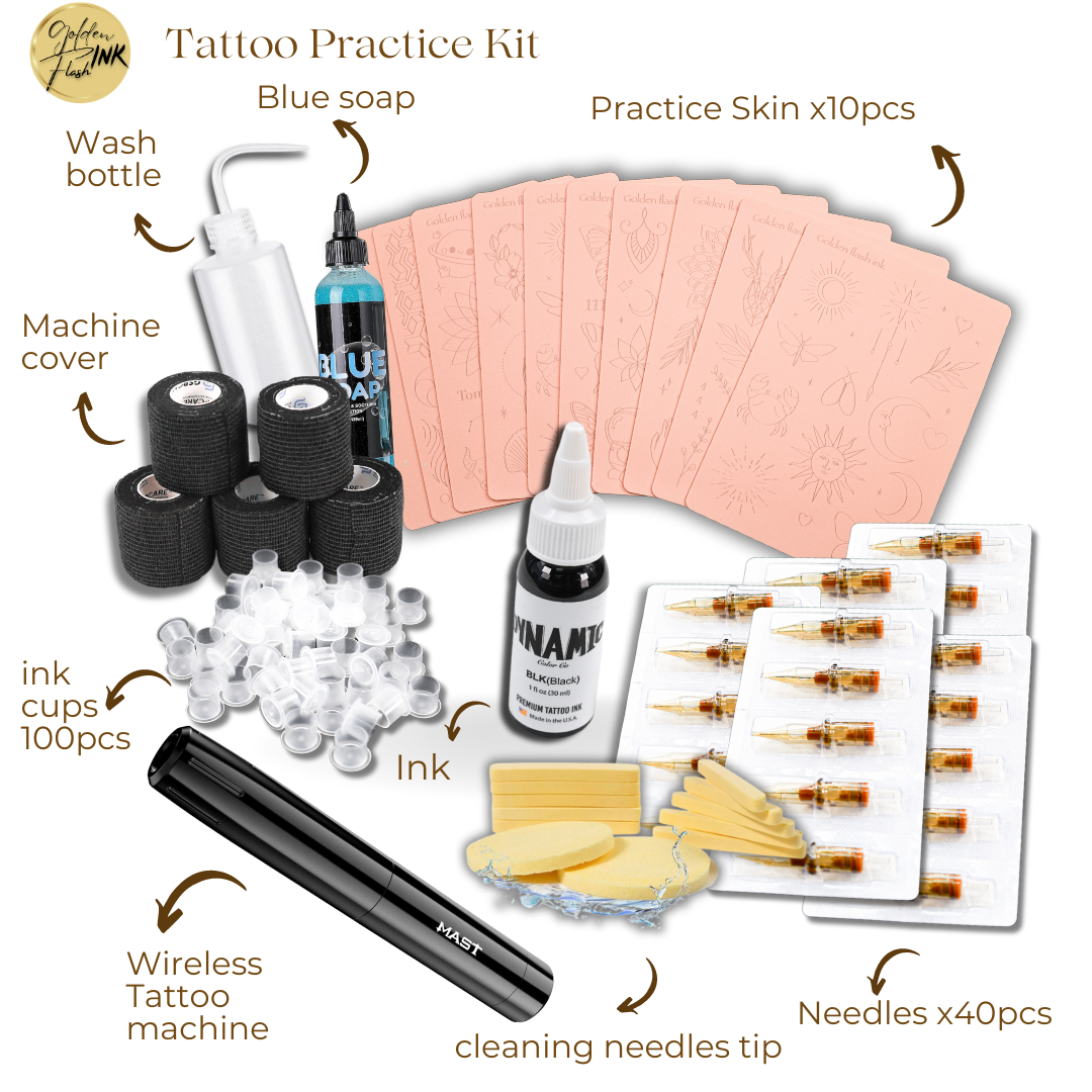 Set Full 10 Pcs Practice Skin and Beginner Tattoo Starter Kit – Golden  Flash Ink